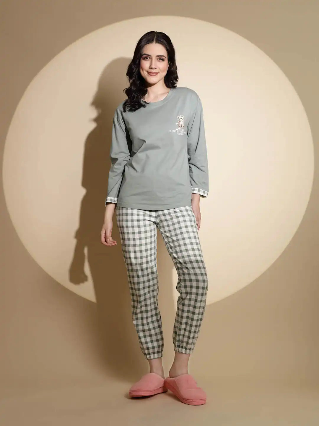 Grey Hosiery Solid Top & Pyjama Night Suit Set