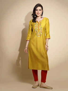 Mustard Embroidered Three Quarter Sleeves Round With V-Neck Cotton Blend Kurta