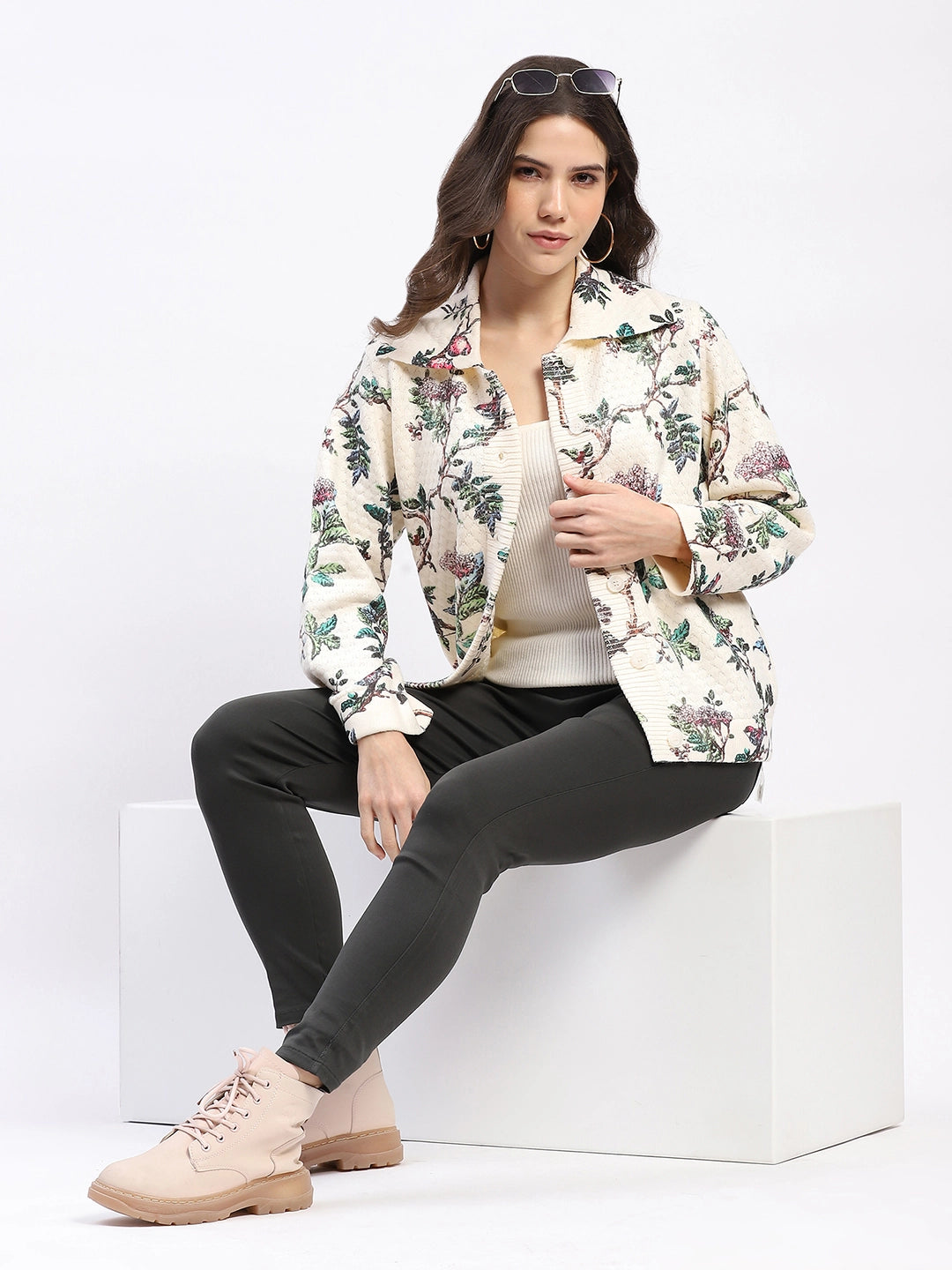 Botanical Print Loose-Fit Cardigan - Global Republic