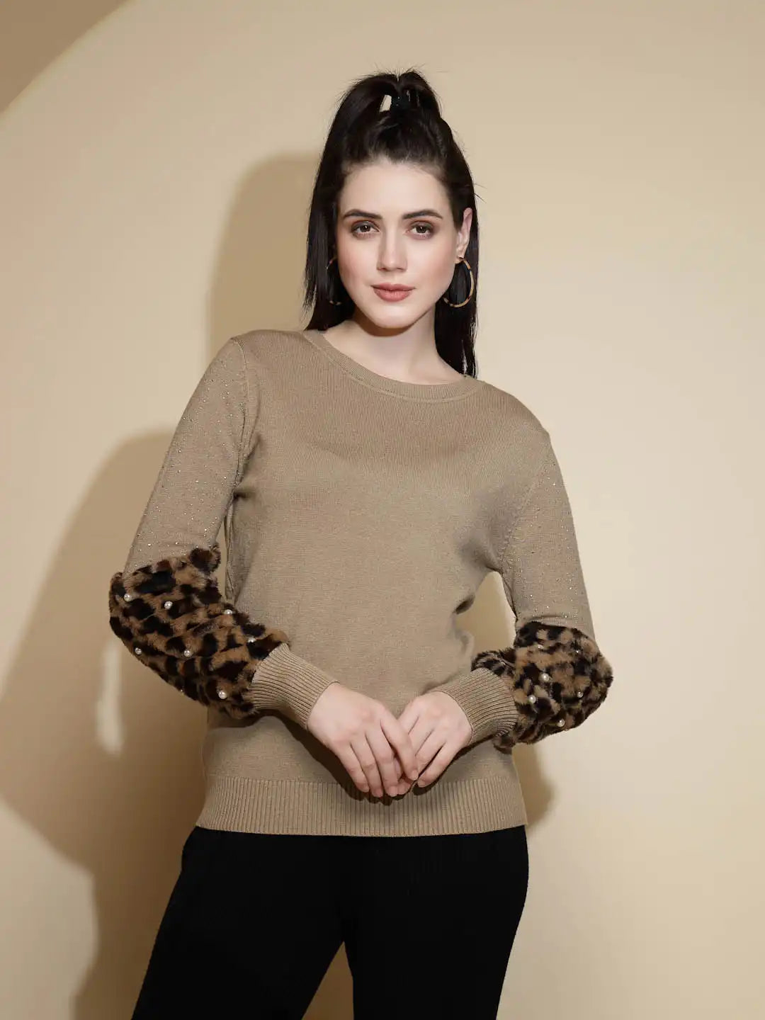 Brown Embellished Full Sleeve Round Neck Acrylic Pullover Sweater - Global Republic