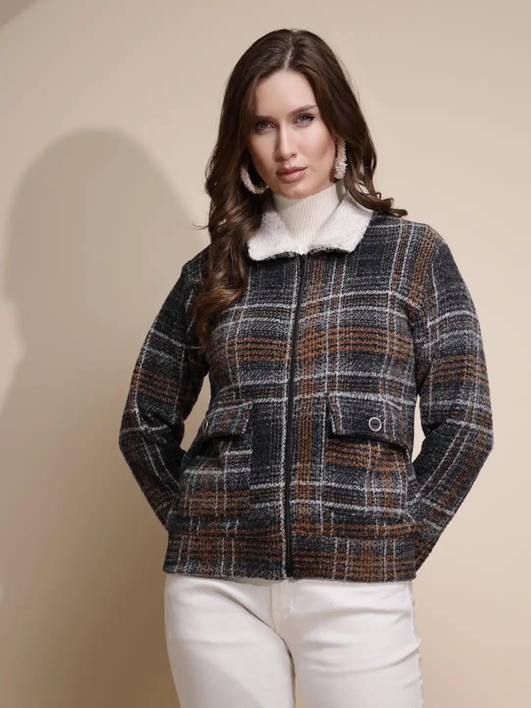 Women Grey Check Full Sleeve Collared Neck Fleece Sweatshirt - Global Republic