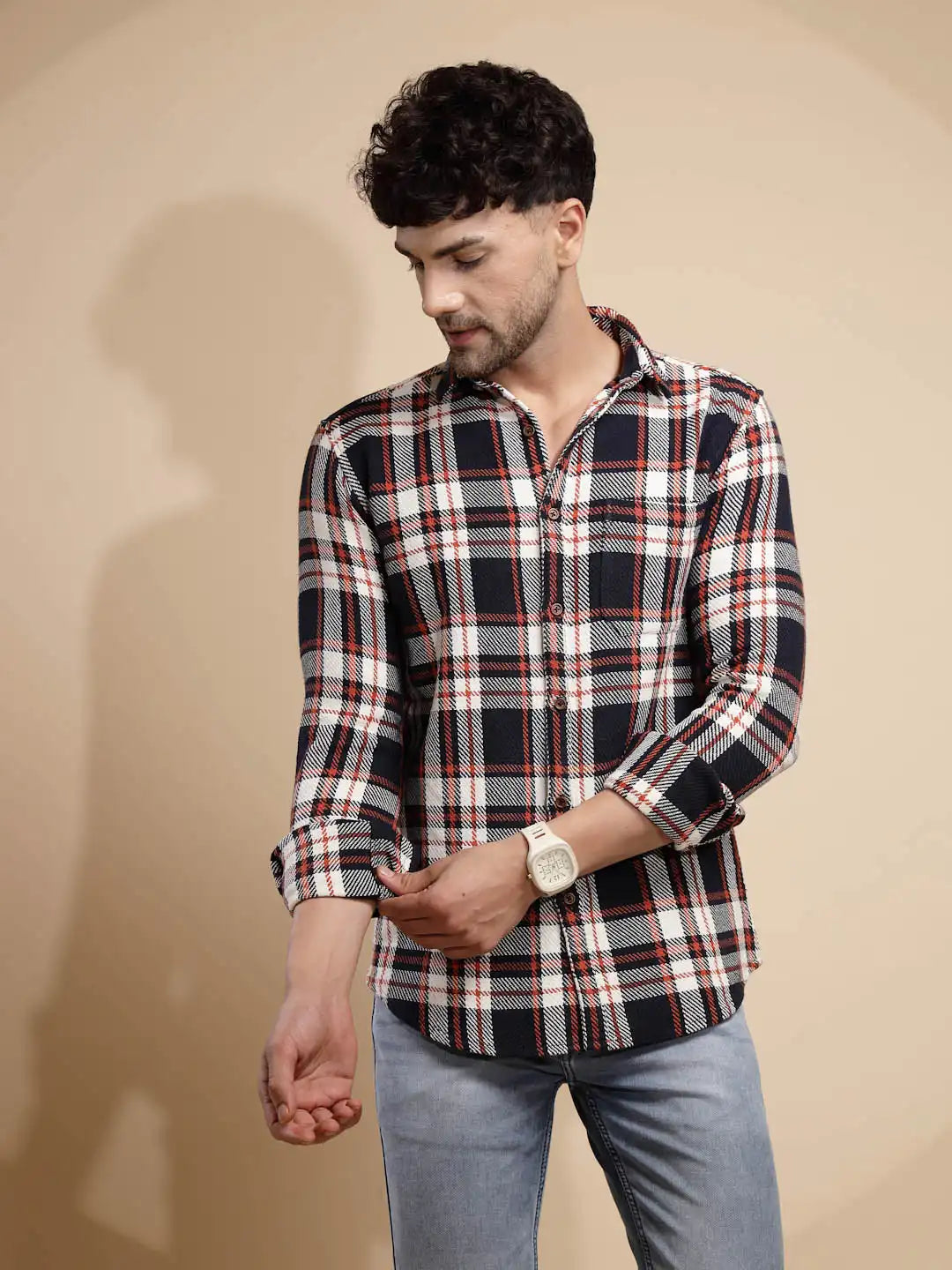 Multicolor Block Print Full Sleeve Collared Neck Linen Check Shirt