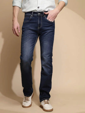 Solid Blue Mid Rise Straight fit Jeans