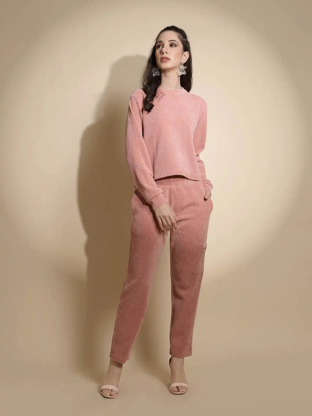 Dusty Pink Solid Full Sleeve Round Neck Cotton Blend Co-ord Set