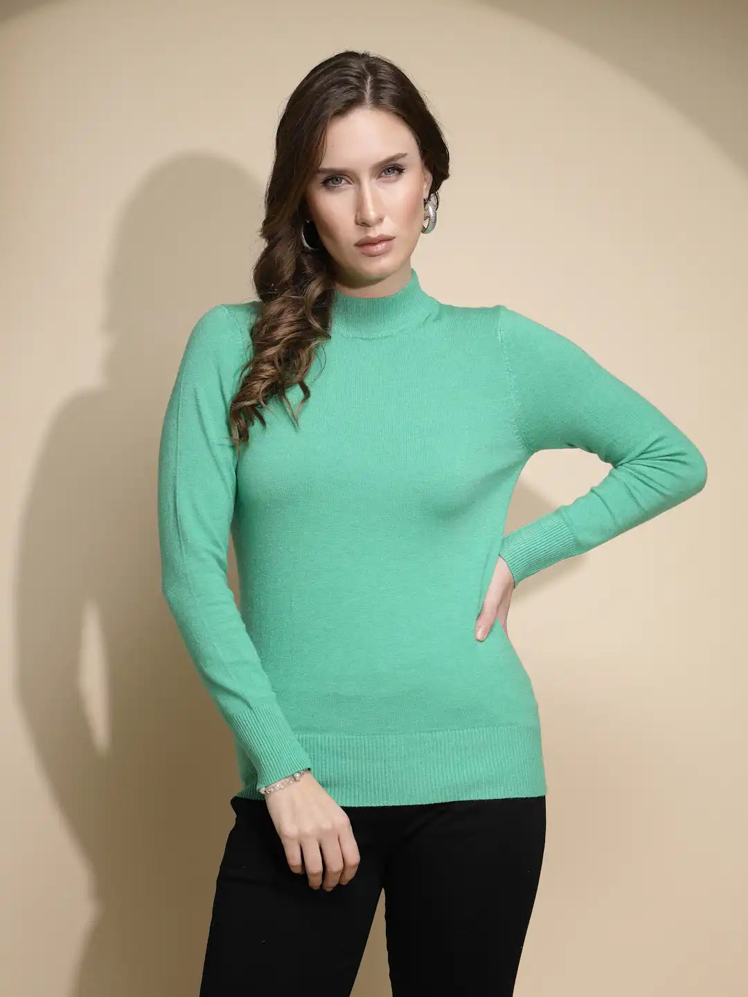 Women Lime Green Solid Full Sleeve Turtle Neck Nylon Skivvy