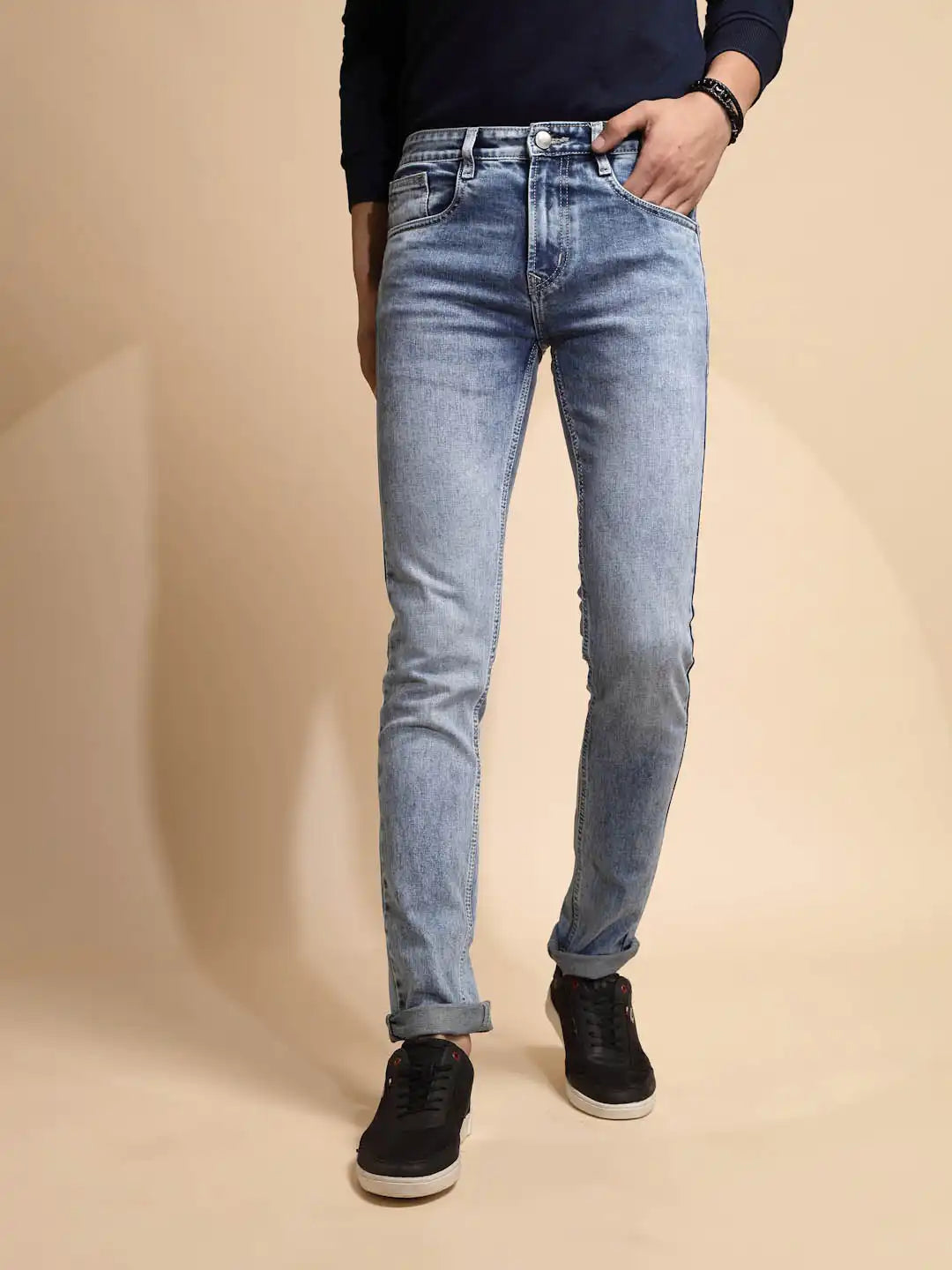 Light Blue Solid Mid Rise Denim Slim Fit Jeans