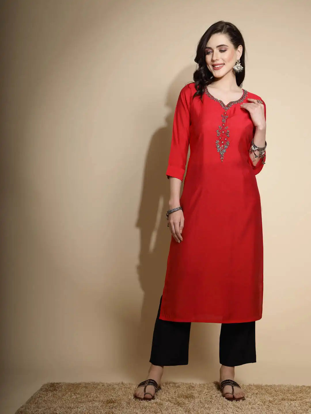 Red Embroidered Three Quarter Sleeves Round With V Neck Cotton Blend Kurta - Global Republic