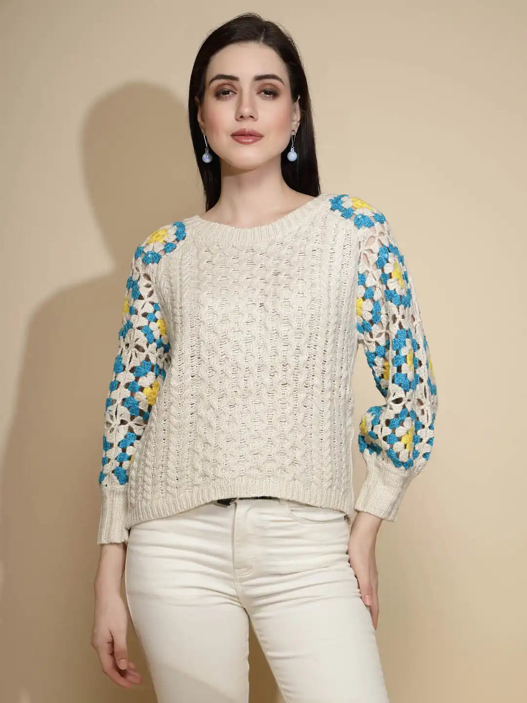Off White Abstract print Full Sleeve Round Neck Acrylic Pullover Sweater - Global Republic