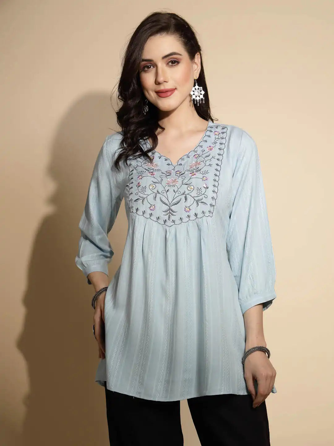 Grey Embroidered Three Quarter Sleeves V-Neck Cotton Blend Tunic - Global Republic
