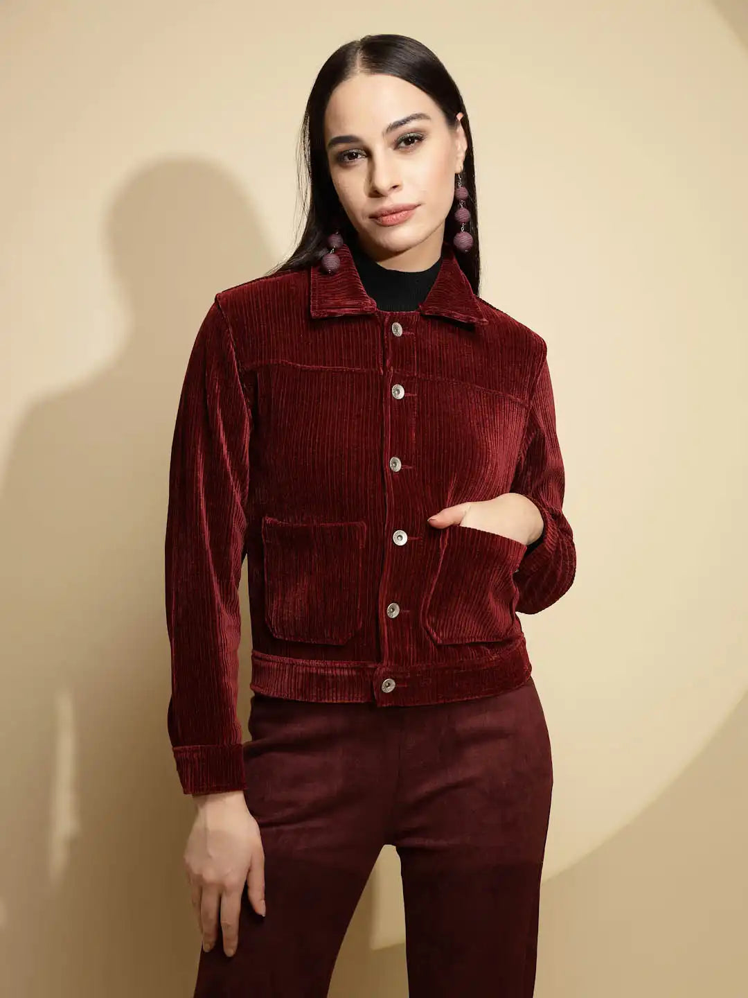 Maroon Solid Corduroy Suede Jacket