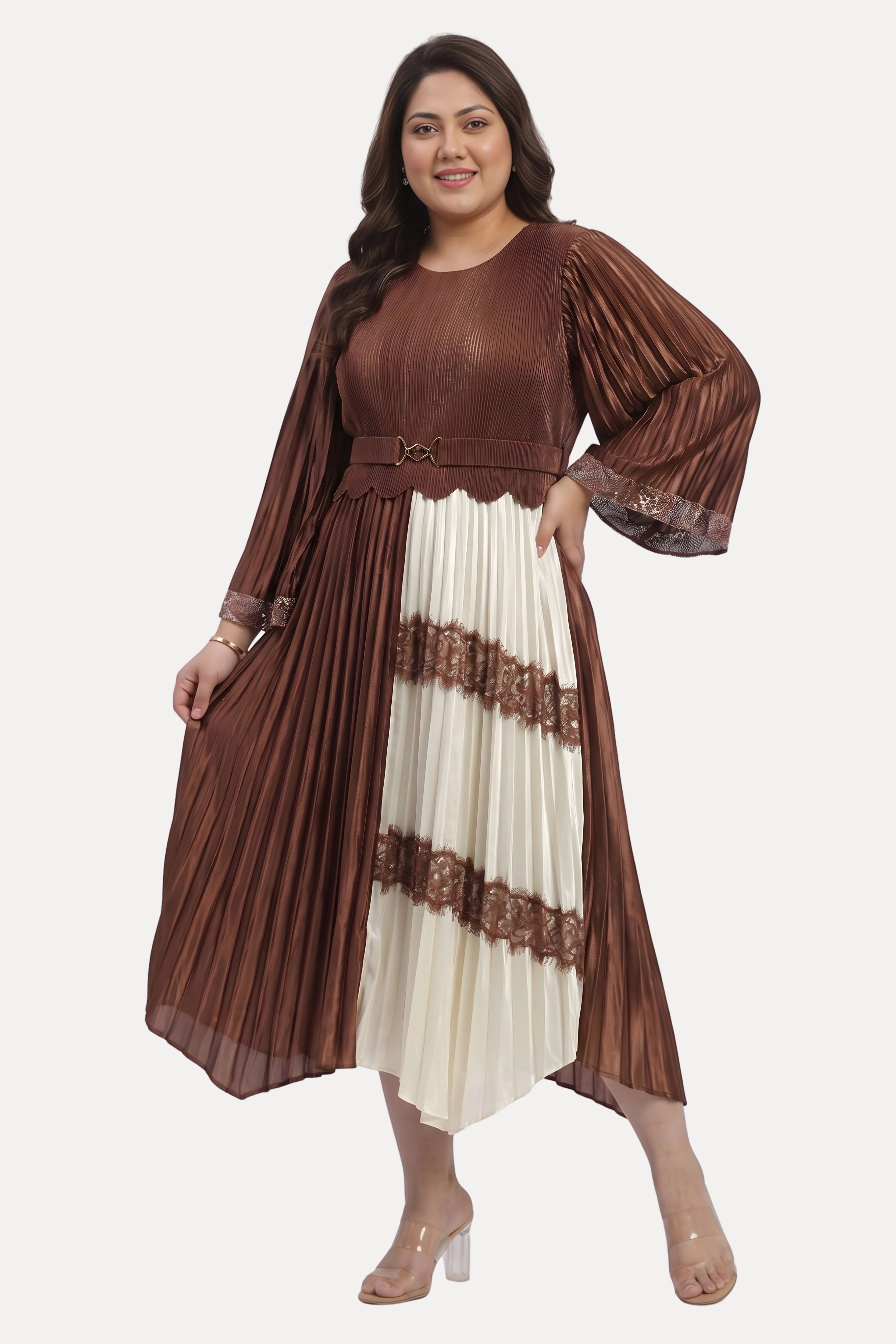 Brown Pleated Fit & Flare Maxi Dress