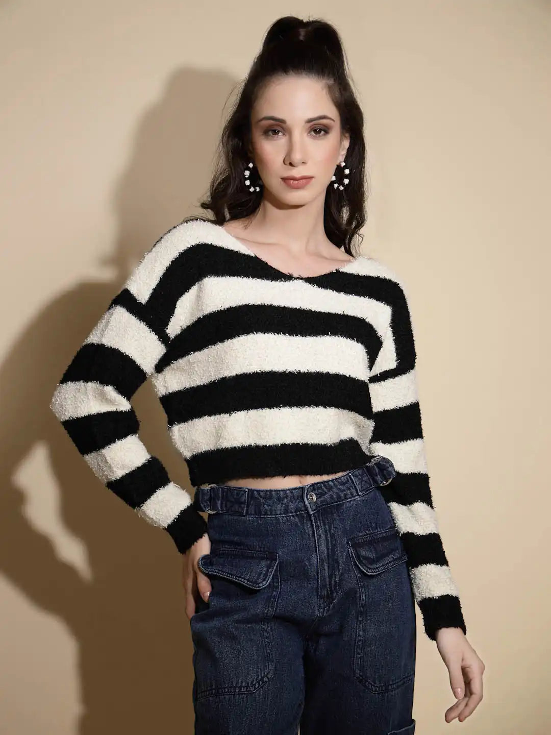Black And Cream Striped Full Sleeve Round Neck Acrylic Pullover