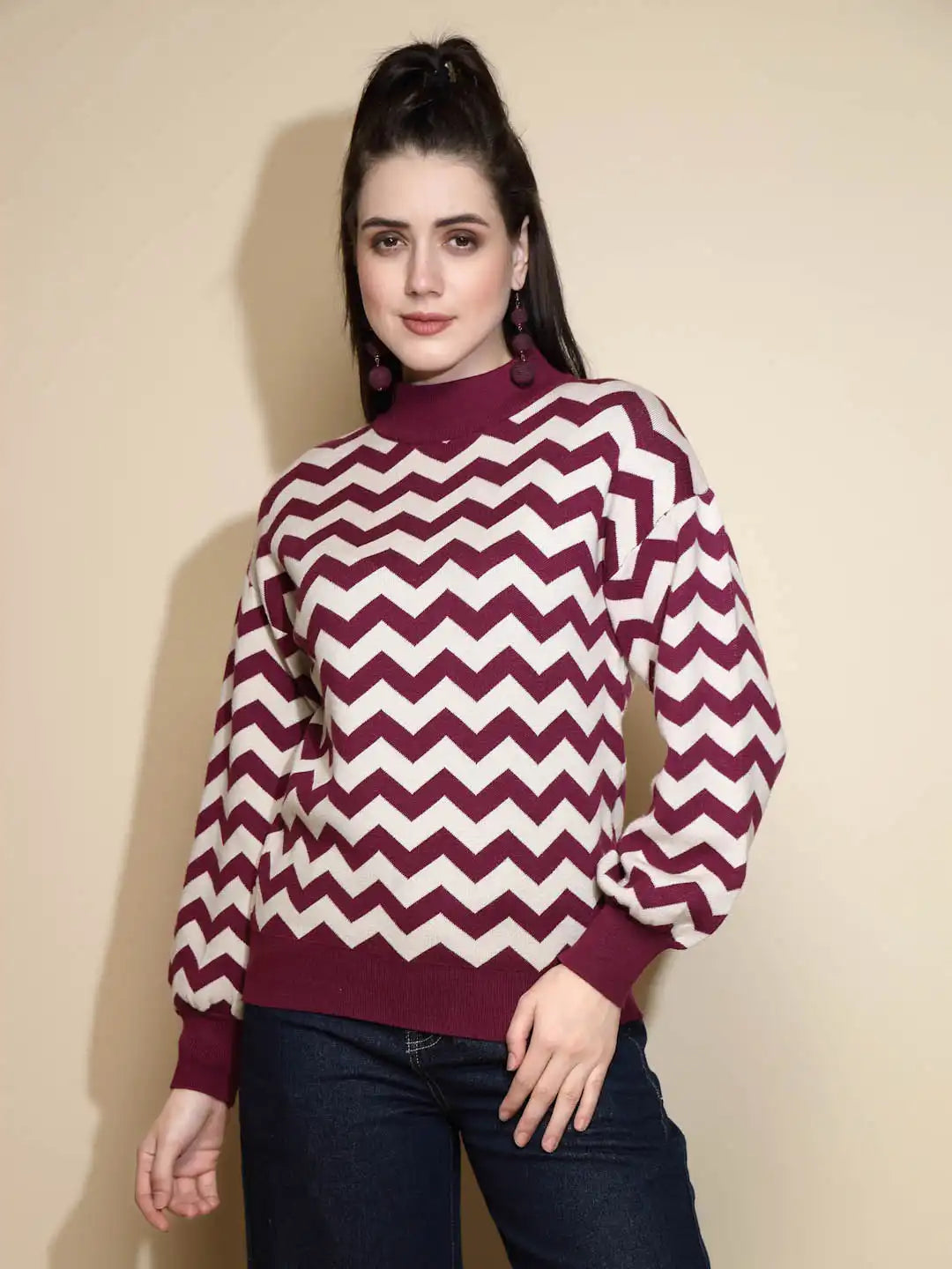 Mulberry Geometric print Full Sleeve High Neck Acrylic Pullover Sweater