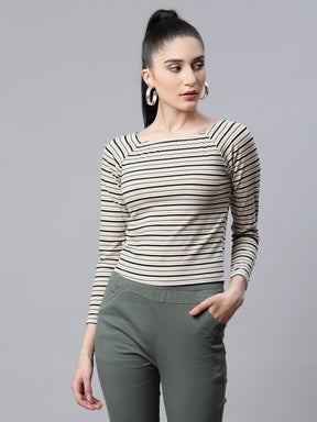 Women Oval Neck Striped Hosiery Slim Fit Casual T-Shirt