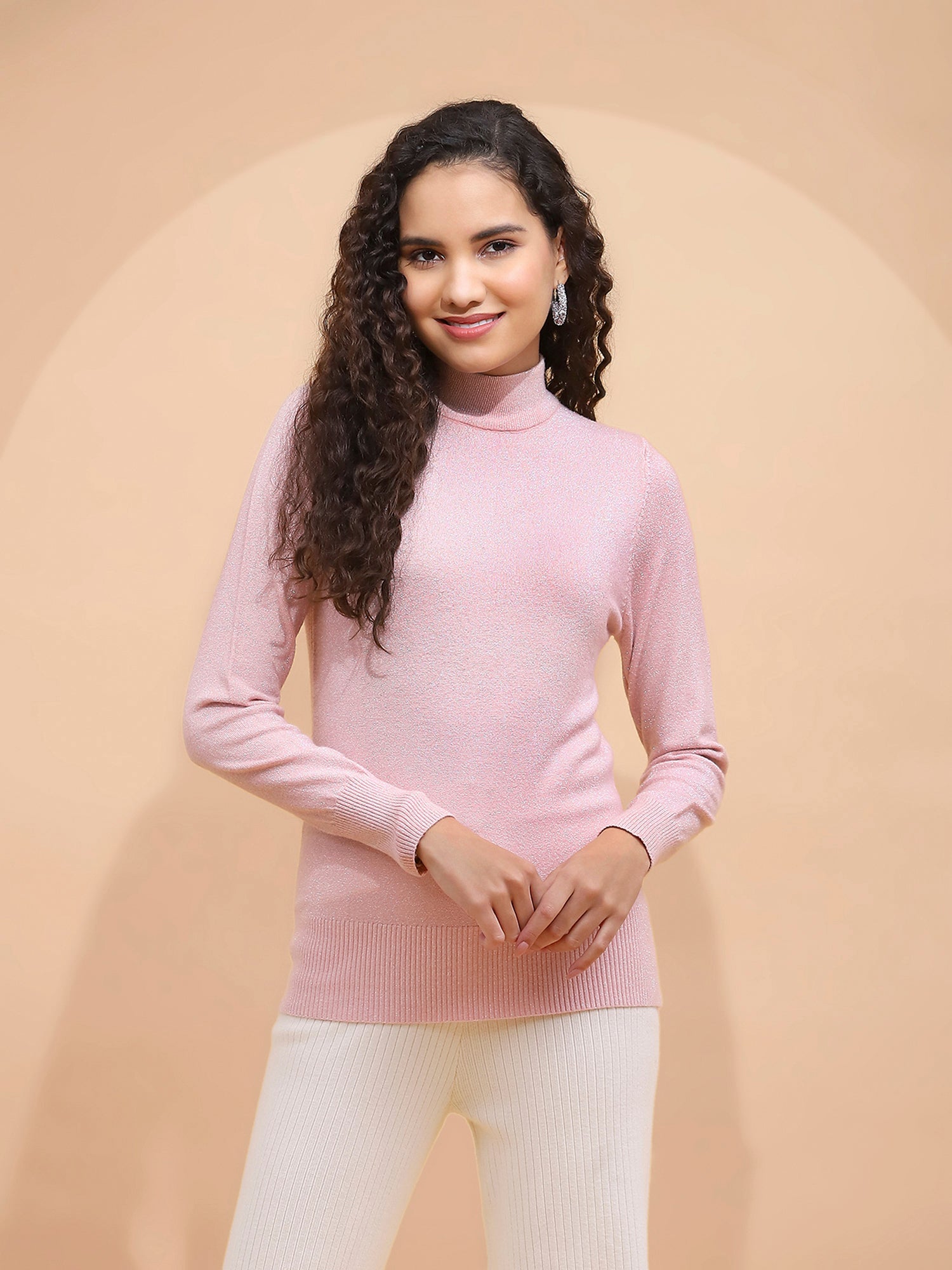 Pink Silver Turtle Neck Skivvy Top