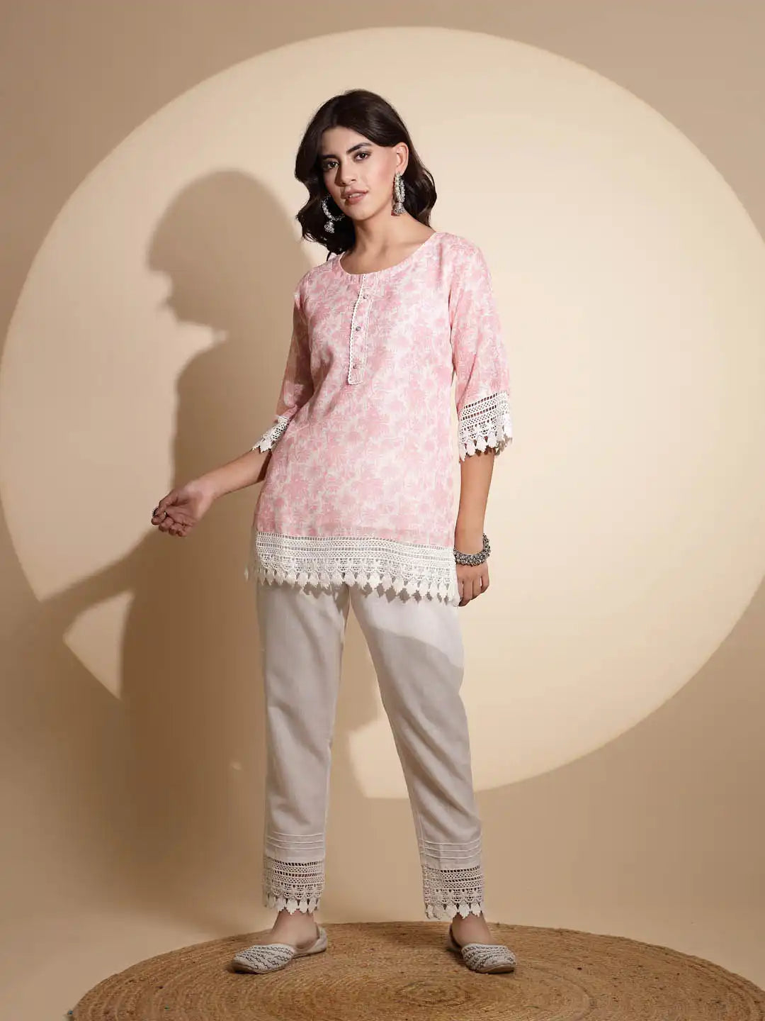 Pink Floral Print Three Fourth Sleeve Round Neck Tunic Set
