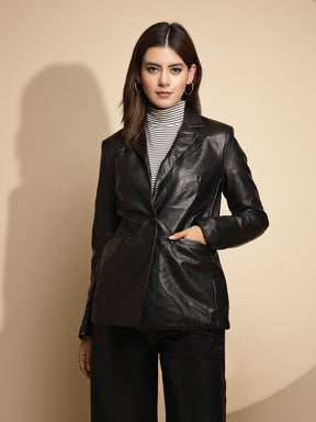 Women Black Solid Collared Neck Full Sleeve Leather Coat