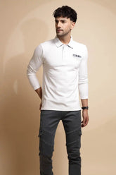 Solid White Full Sleeve Collared Neck Regular fit T-Shirt