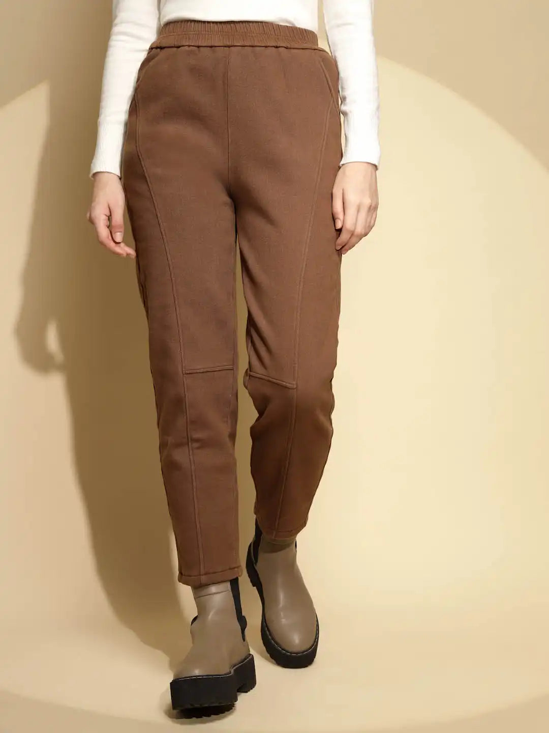 Brown Solid Cotton Mid Rise Ankle Length Trouser