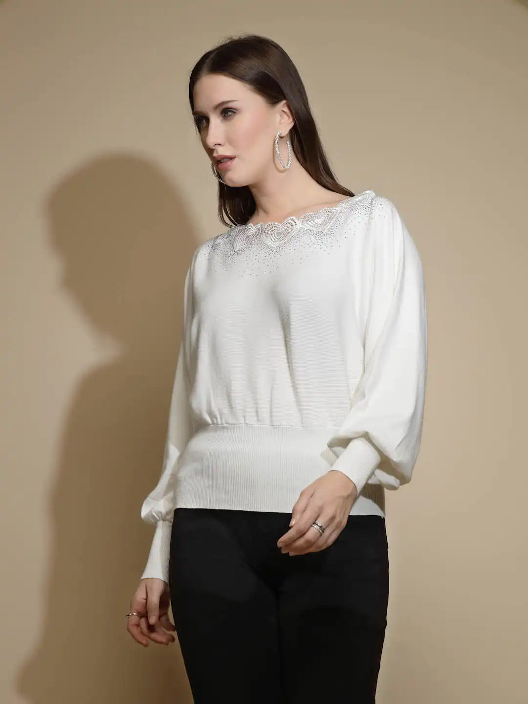 White Embellished Bishop Sleeve Boat Neck  Pullover Sweater - Global Republic