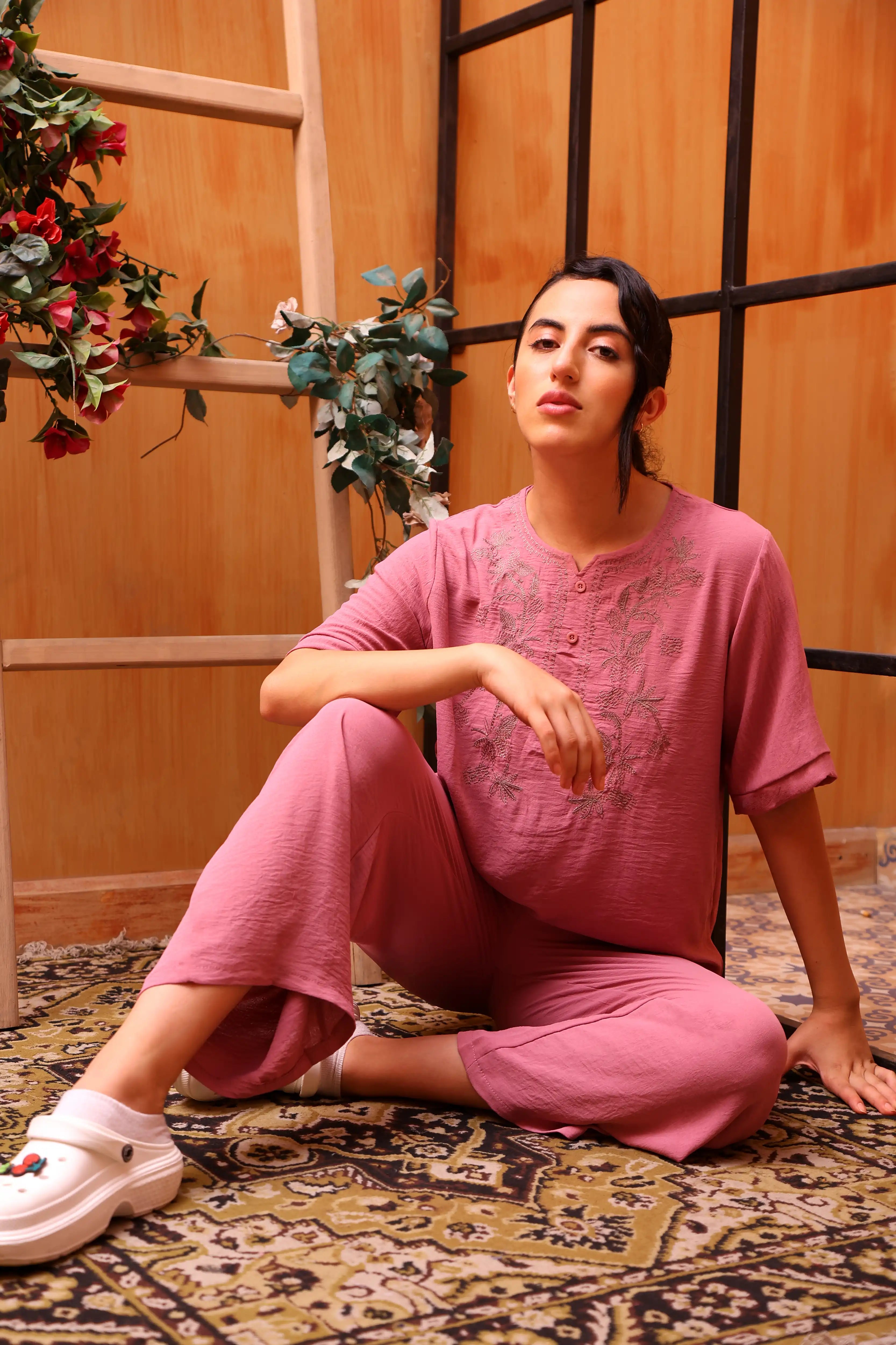 Embroidered Yoke Rayon Co-ord Set