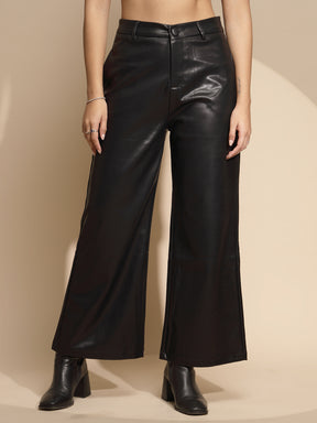 Women Black Solid Leather Mid Rise Wide Leg Trouser