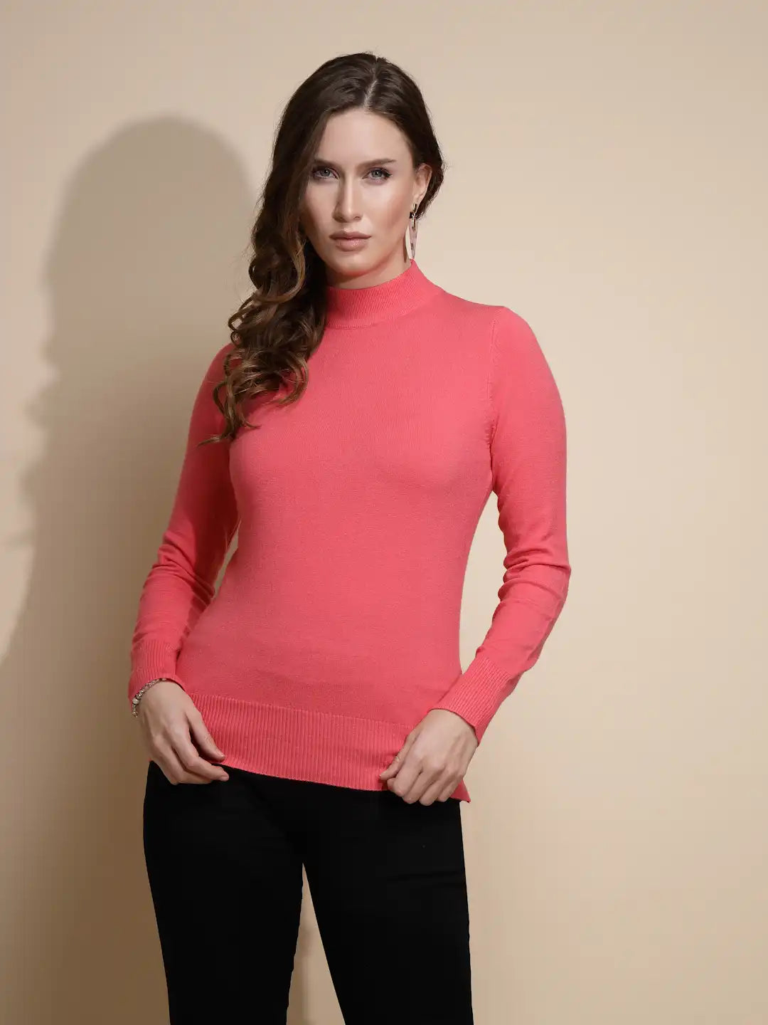 Women Hot Pink Solid Full Sleeve Turtle Neck Nylon Skivvy