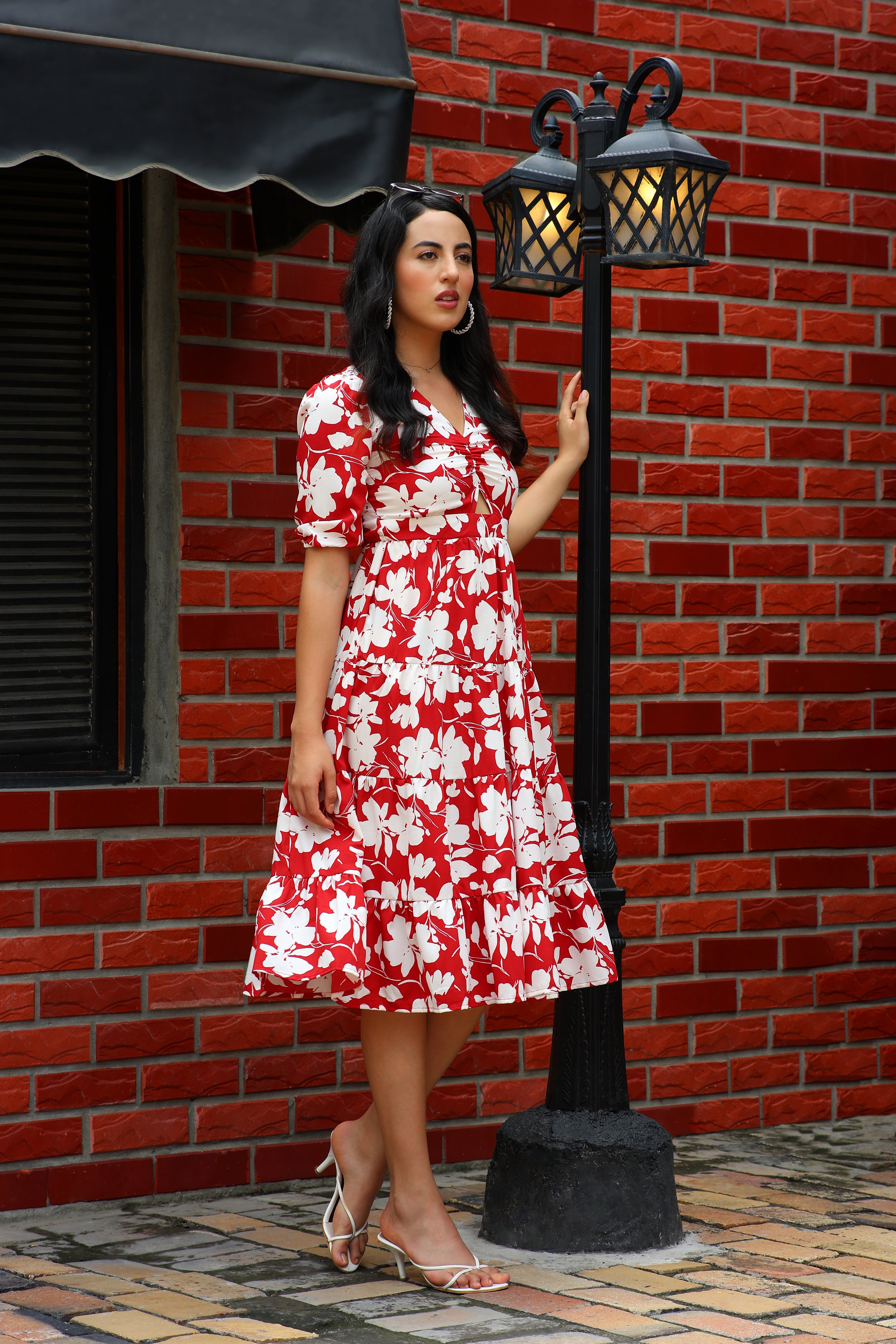 Red & White Floral Tiered Flared Dress