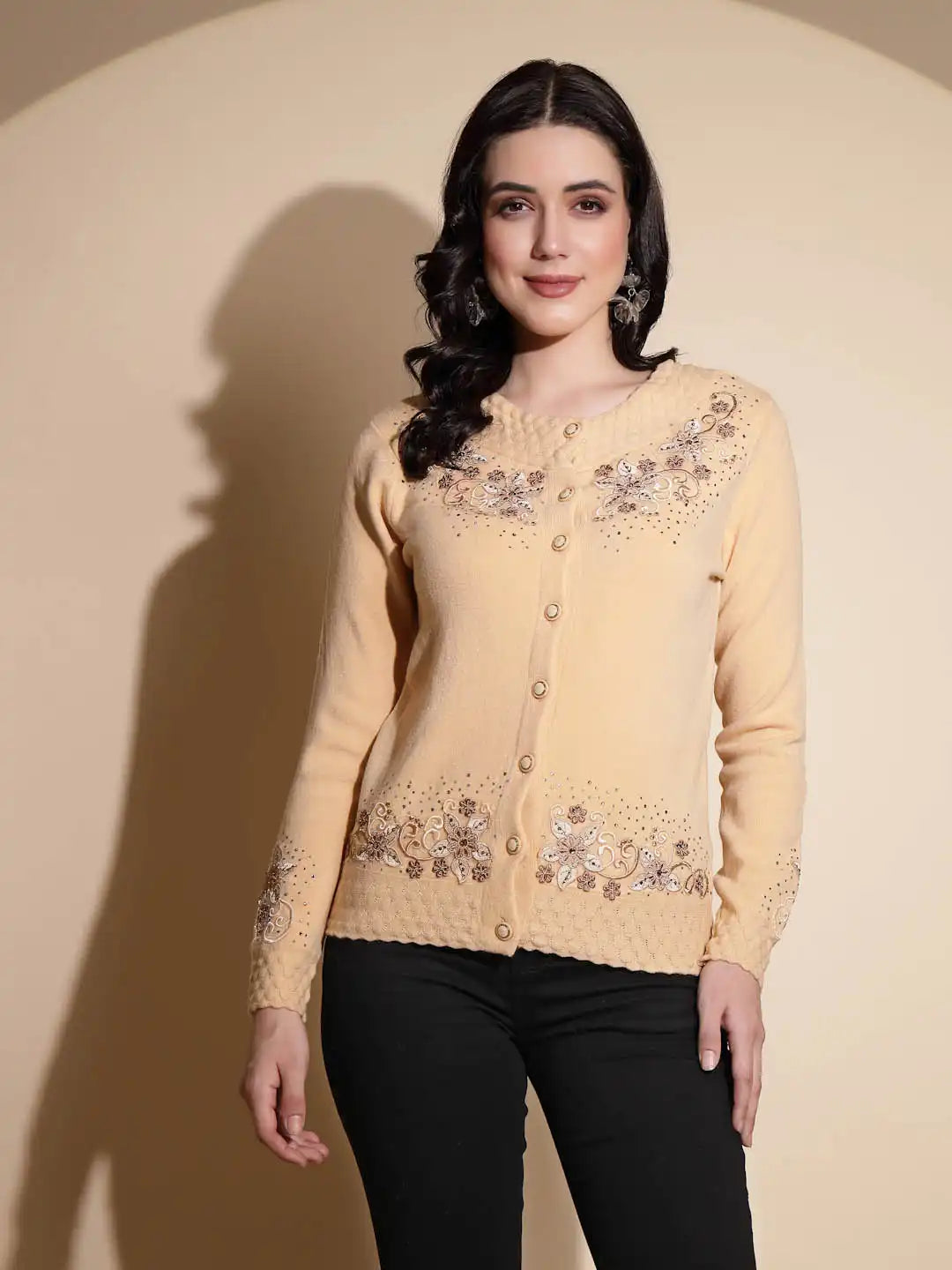 Women's Embroidery Round Neck Beige Cardigan