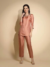 Peach Embroidered Three Quarter Sleeves Round Neck Tunic Set