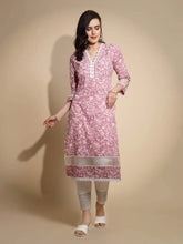 Pastel Pink Floral Prints Three Quarter Sleeves V Neck Cotton Blend Kurta