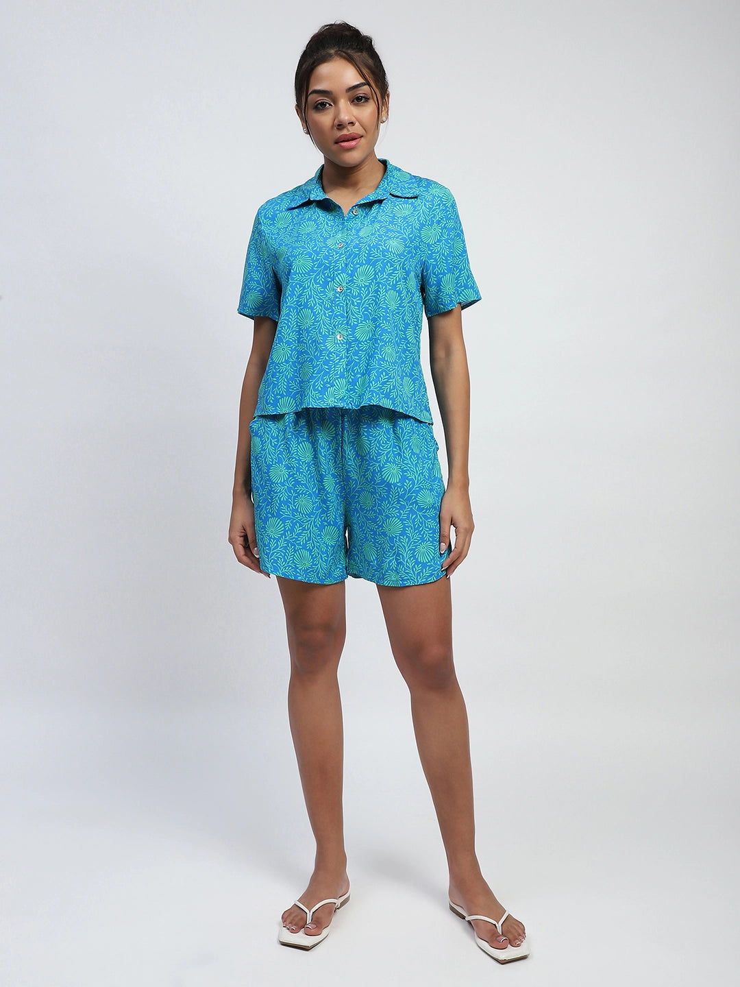 Blue Rayon Floral Print Nightsuit