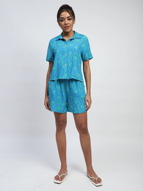 Blue Rayon Floral Print Nightsuit