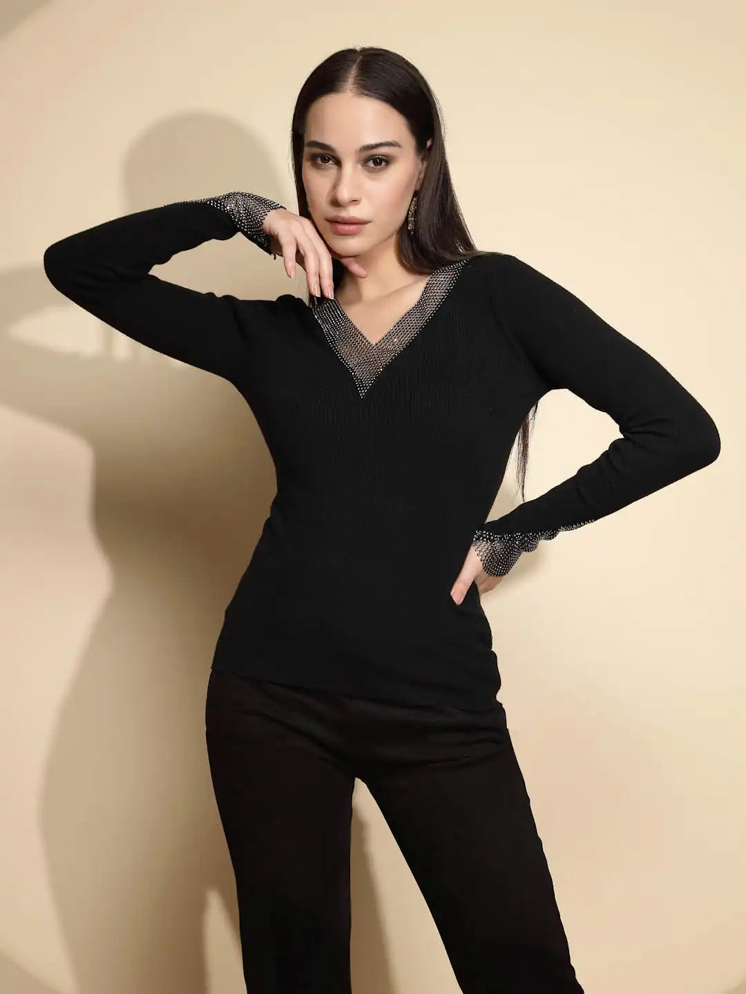 Black Embellished Full Sleeve V-Neck Casual Pullover - Global Republic