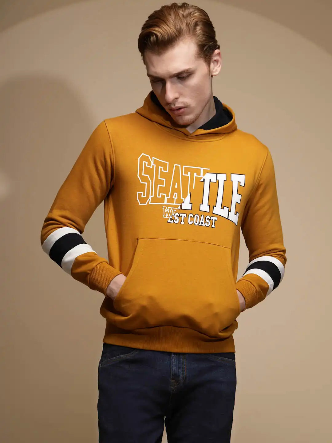 Mustard Solid Full Sleeve Fleece Hooded Sweatshirt