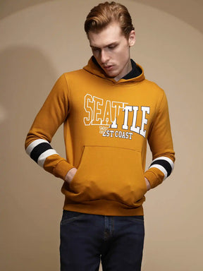 Mustard Solid Full Sleeve Fleece Hooded Sweatshirt