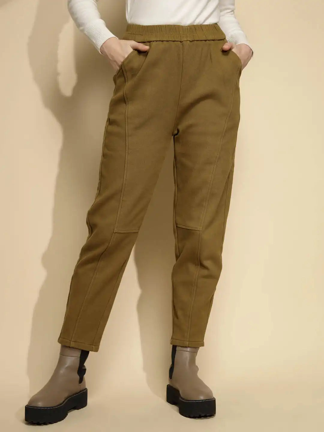 Solid Brown Solid Cotton Mid Rise Ankle Length Trouser