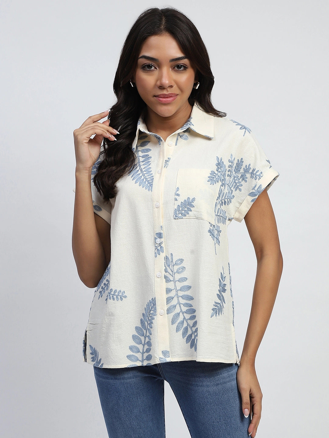 Cream Thread Embroidered Cotton Shirt