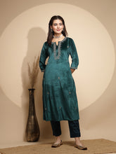 Green Embroidery Full Sleeve V-Neck With Velvet Kurta For Women