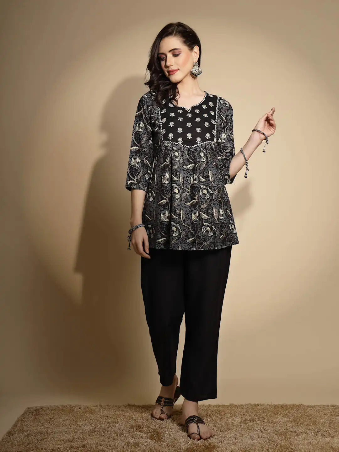Black Embroidered Three Quarter Sleeves Round With V-Neck Tunic