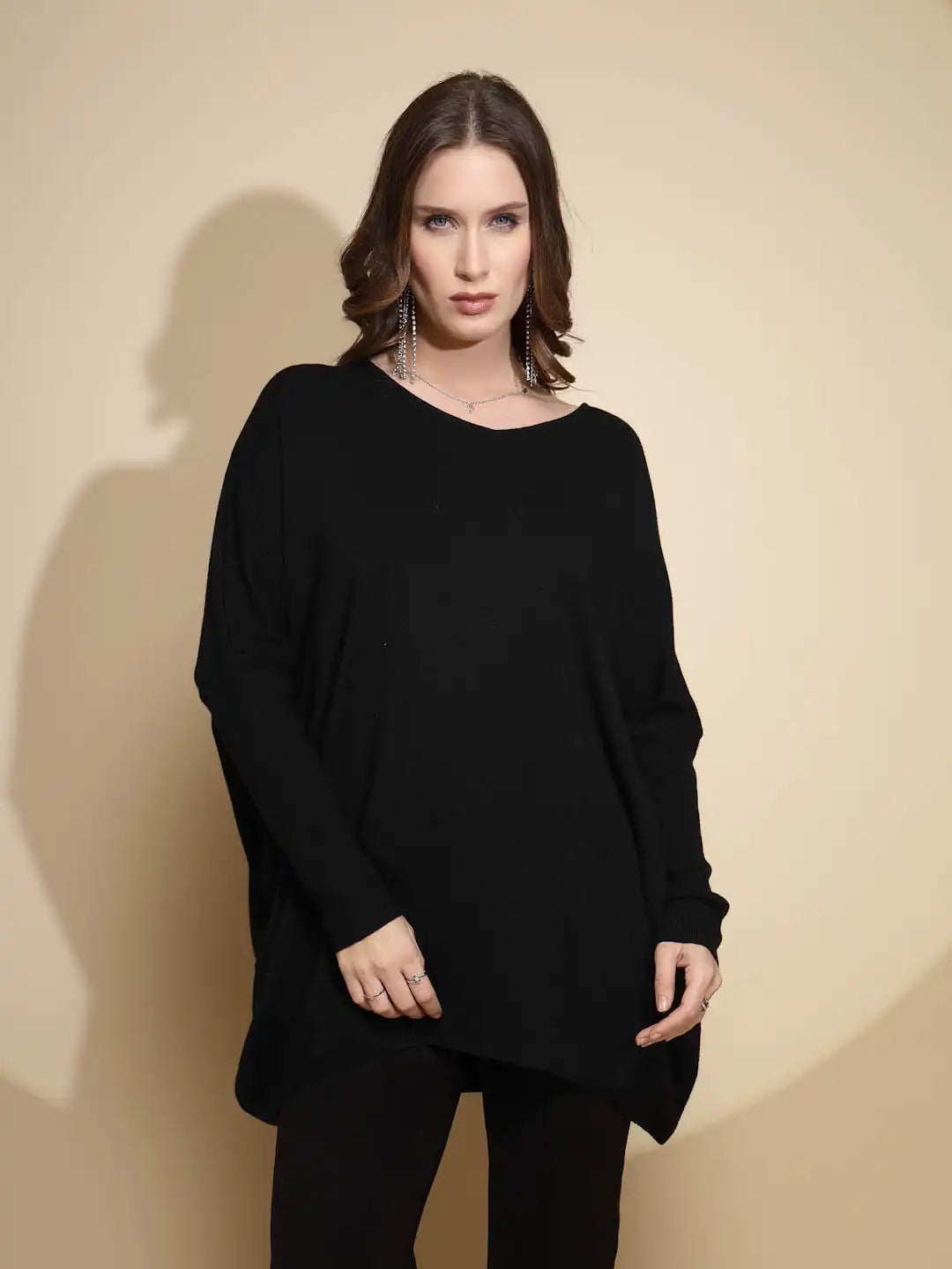 Black Embroidered Full Sleeve Round Neck Nylon Pullover Sweater