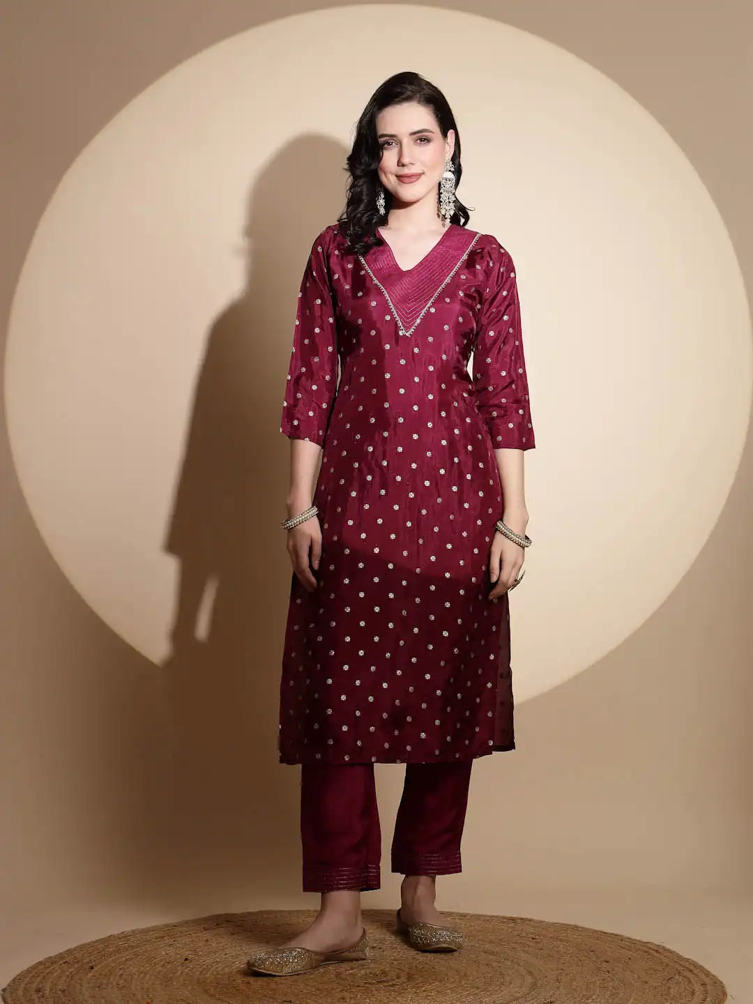 Purple Embellished Three Fourth Sleeve V Neck Kurta Set