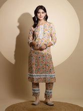 Peach Embellished Print Three Fourth Sleeve Cotton Kurta Set