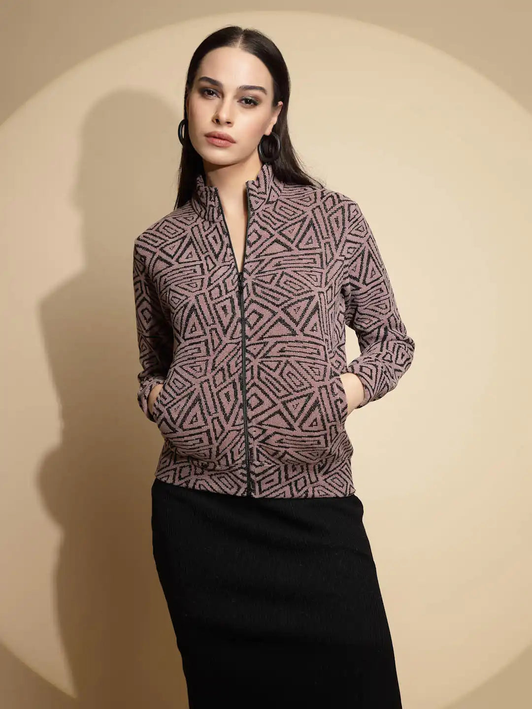 Dark Brown Geometric Print Full Sleeve Turtle Neck Acrylic Sweatshirt - Global Republic