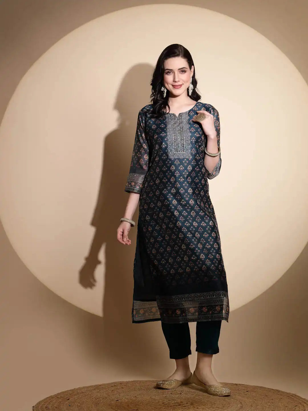 Blue Embroidery Print Three Fourth Sleeve Cotton Kurta Set