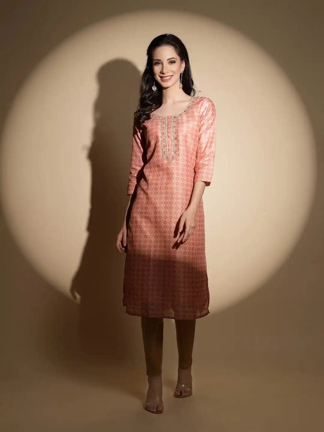 Peach Embroidered Three Quarter Sleeves Round Neck Muslin Kurta
