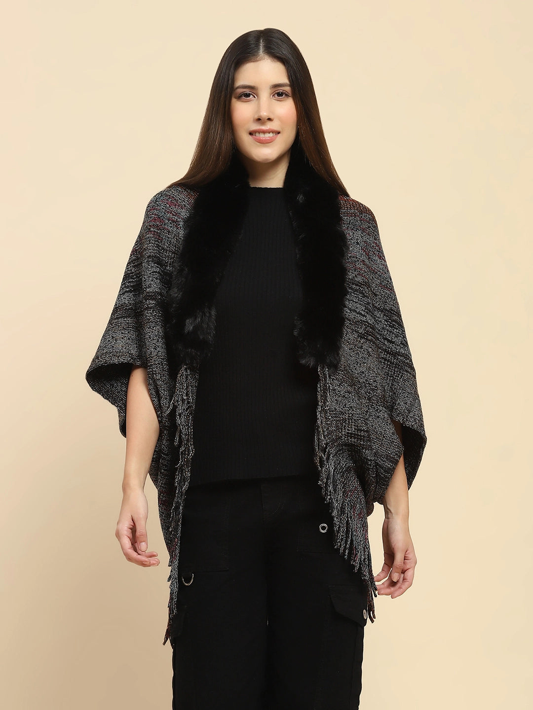 Black Mélange Acrylic Knitted Cape - Global Republic