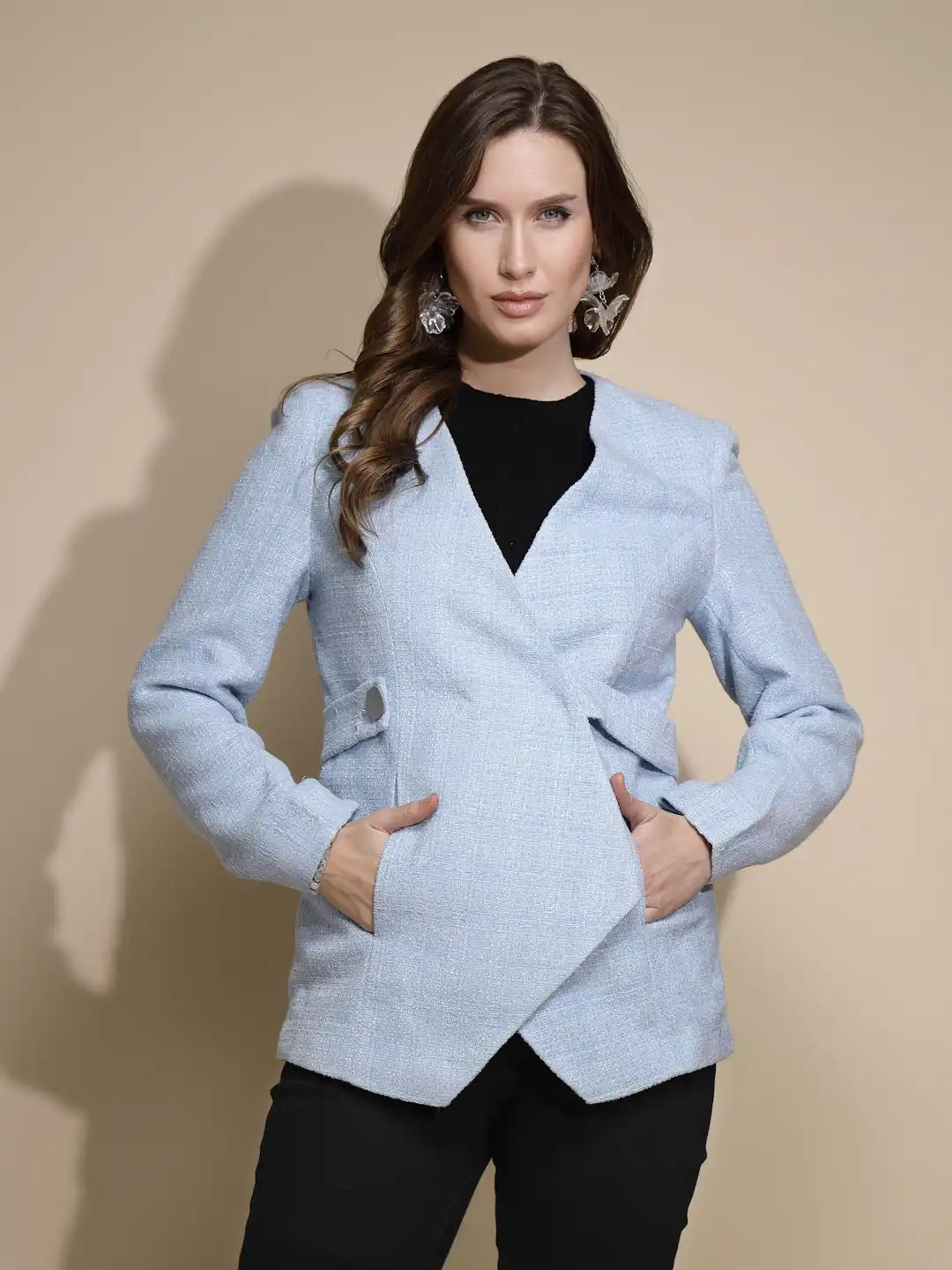 Women Blue Solid Full Sleeve V-Neck Tweed Coat