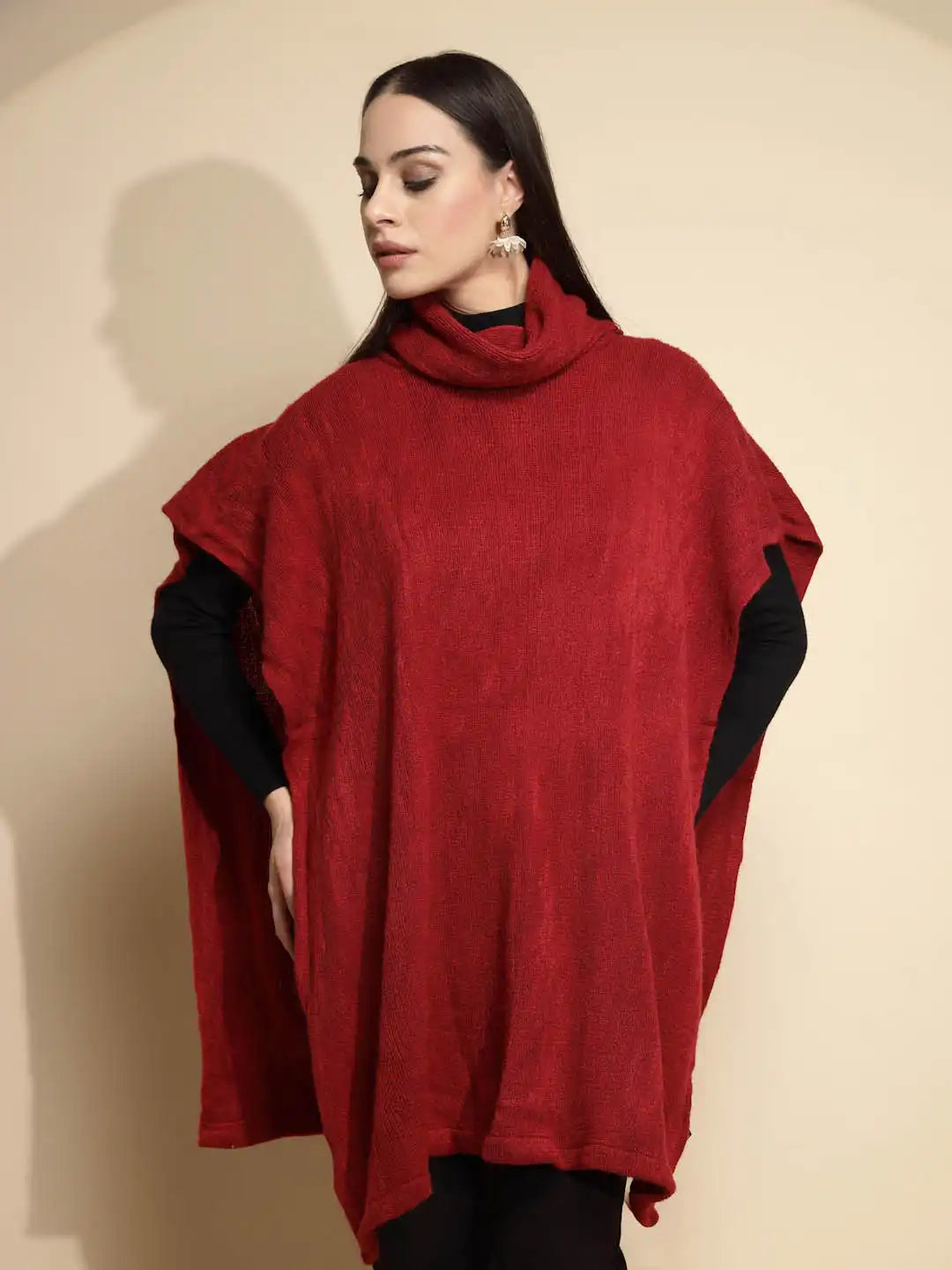 Wine Solid Half Sleeve Turtle Neck Acrylic Poncho