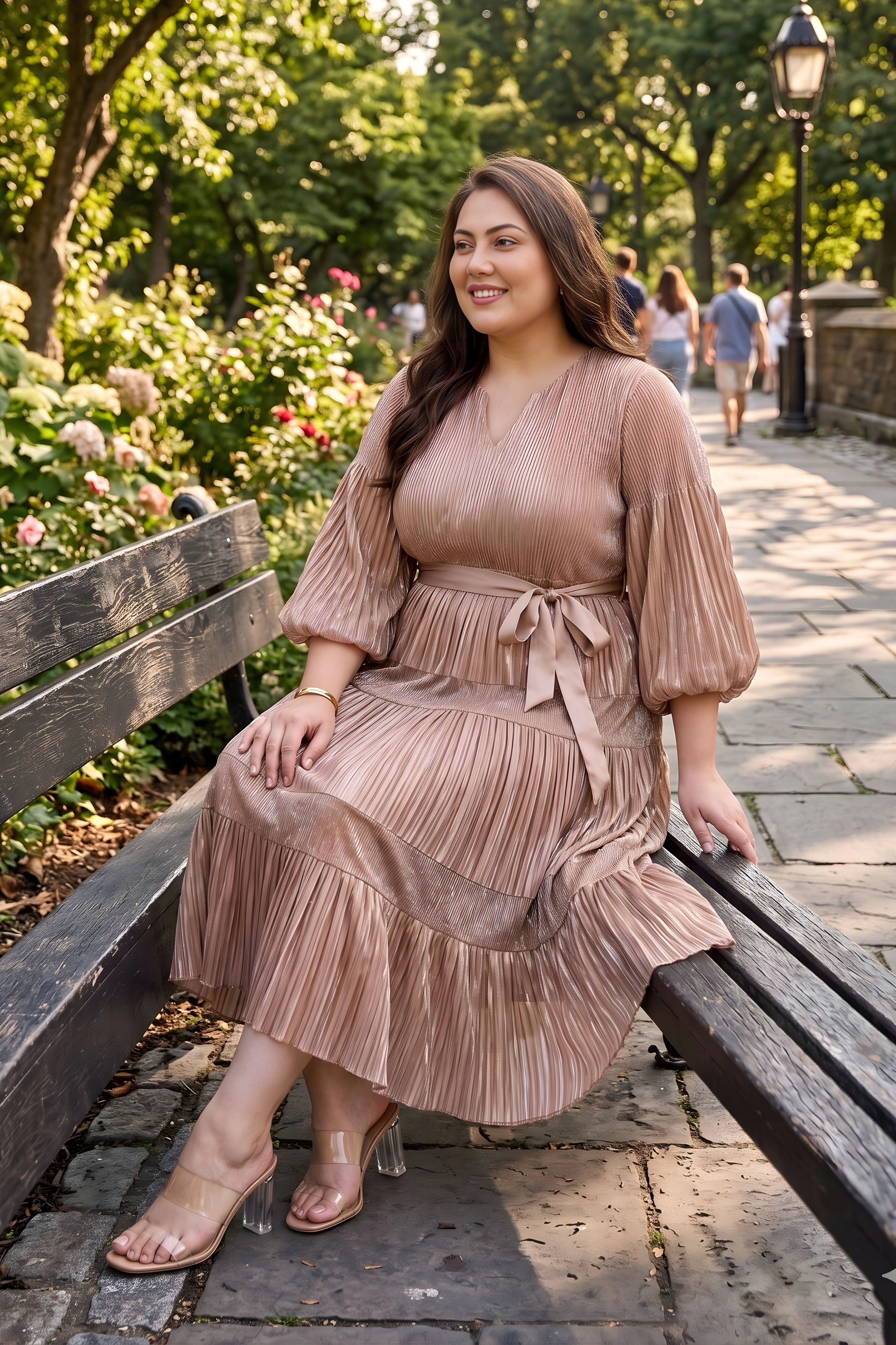 Beige Pleated Fit & Flare Midi Dress